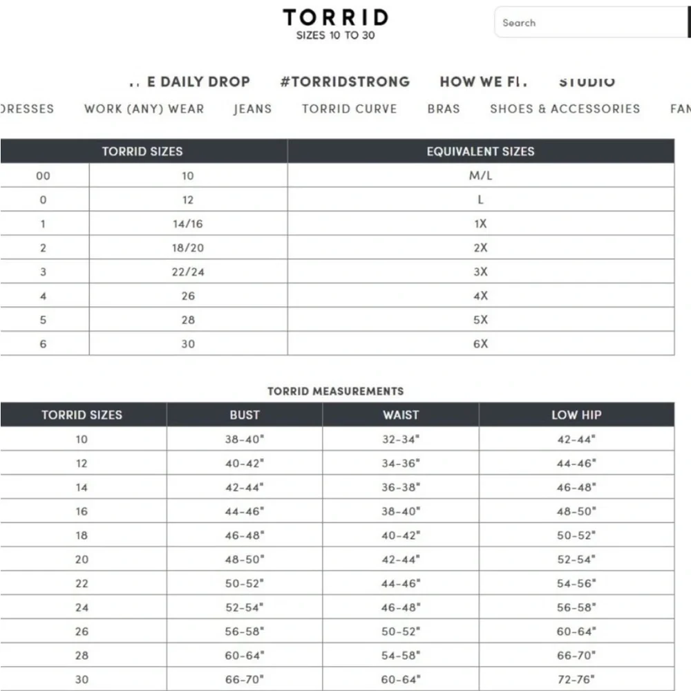 Torrid size chart Torrid size chart